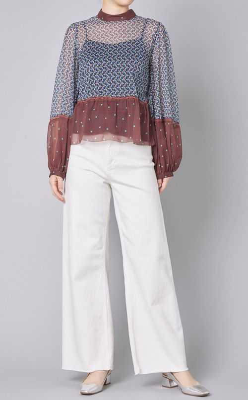 プリント切替スモックブラウス