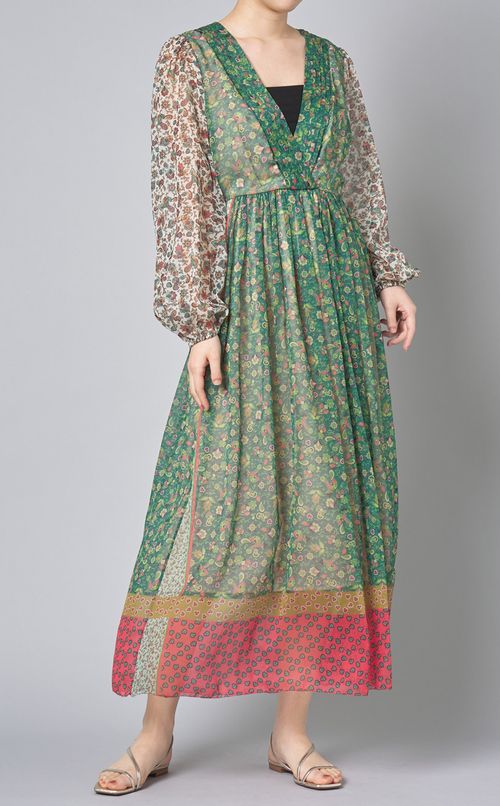 プリント切替Vネックロングワンピース