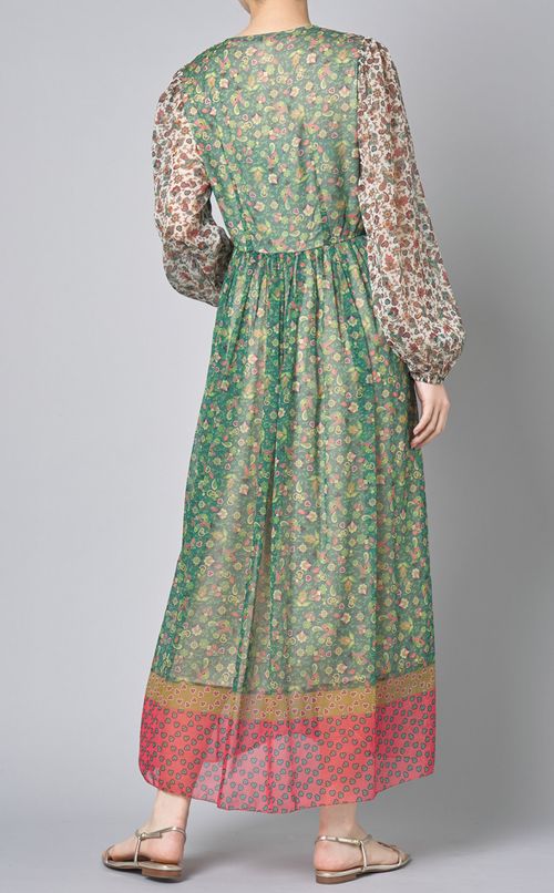 プリント切替Vネックロングワンピース