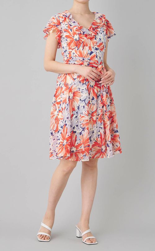 フラワープリントラッフルドレス