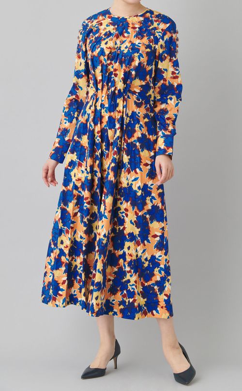 フラワープリントギャザーワンピース