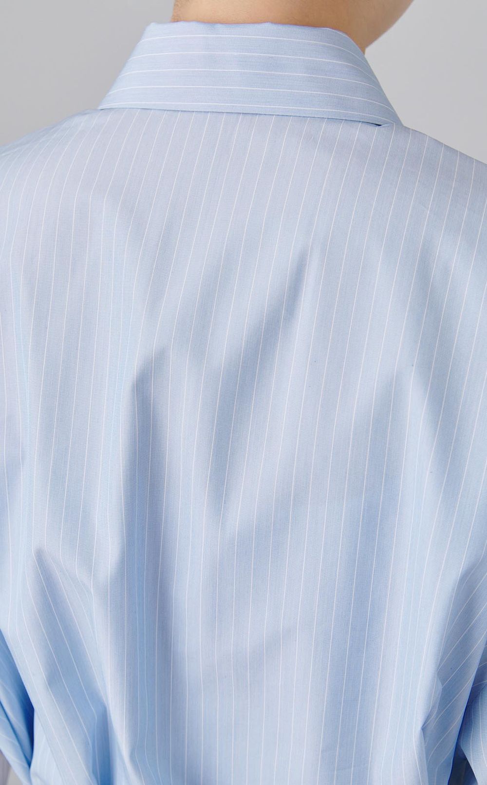 ストライプフレアベルテッドブラウス