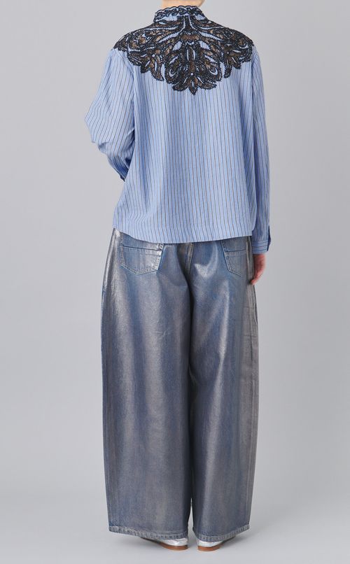 コットンストライプレースモチーフシャツ