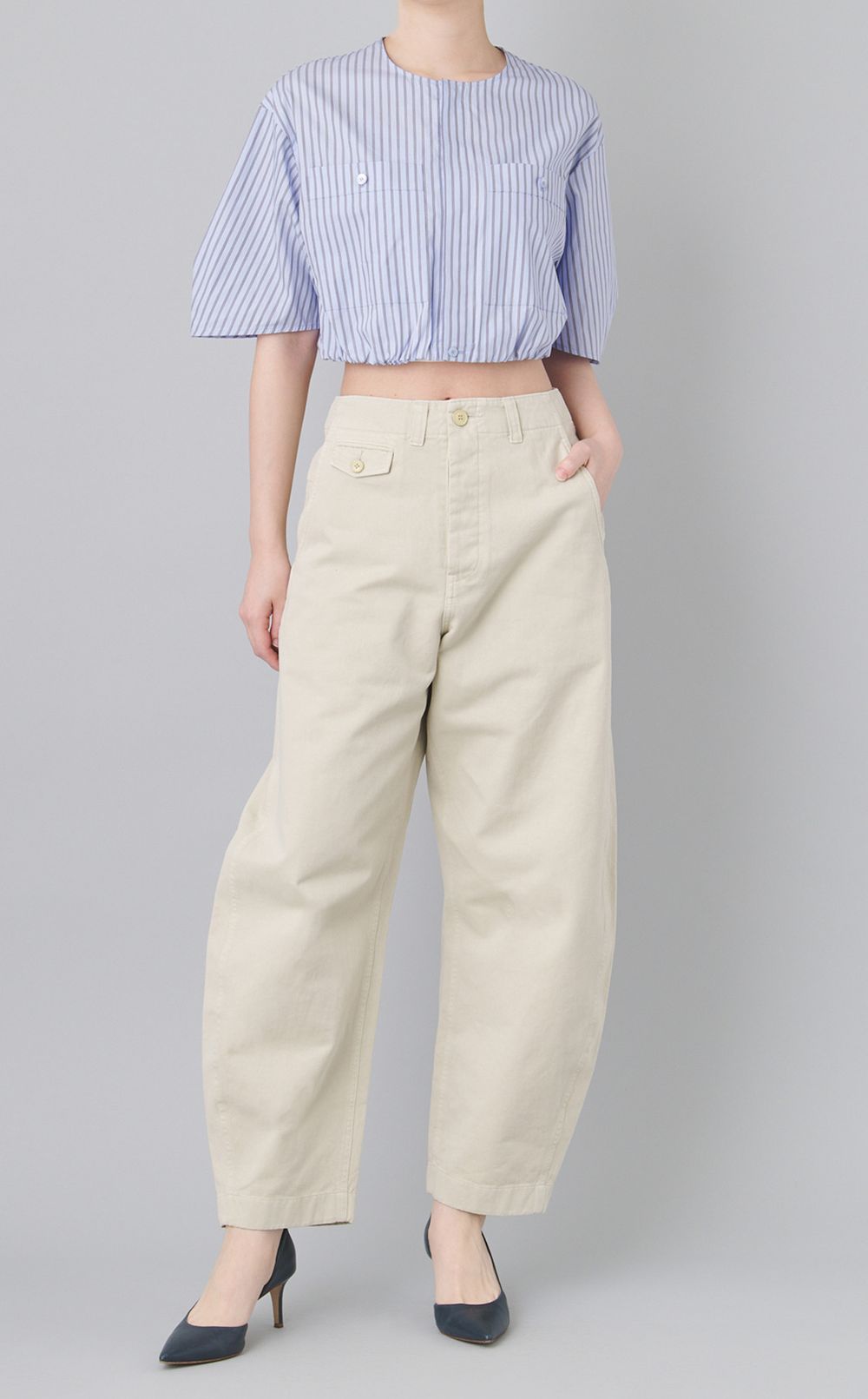 コットンストライプクロップドシャツ