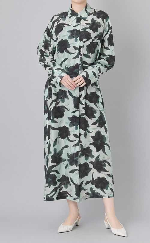 プリン卜ブラウジングシャツワンピース