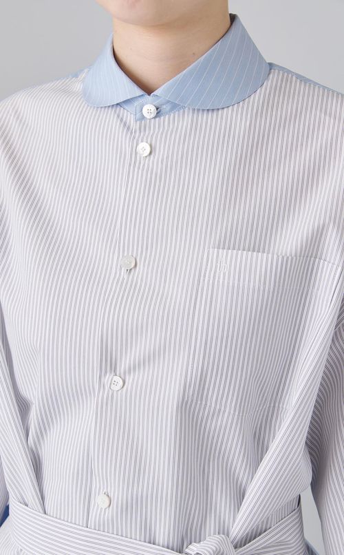 ストライプフレアベルテッドブラウス