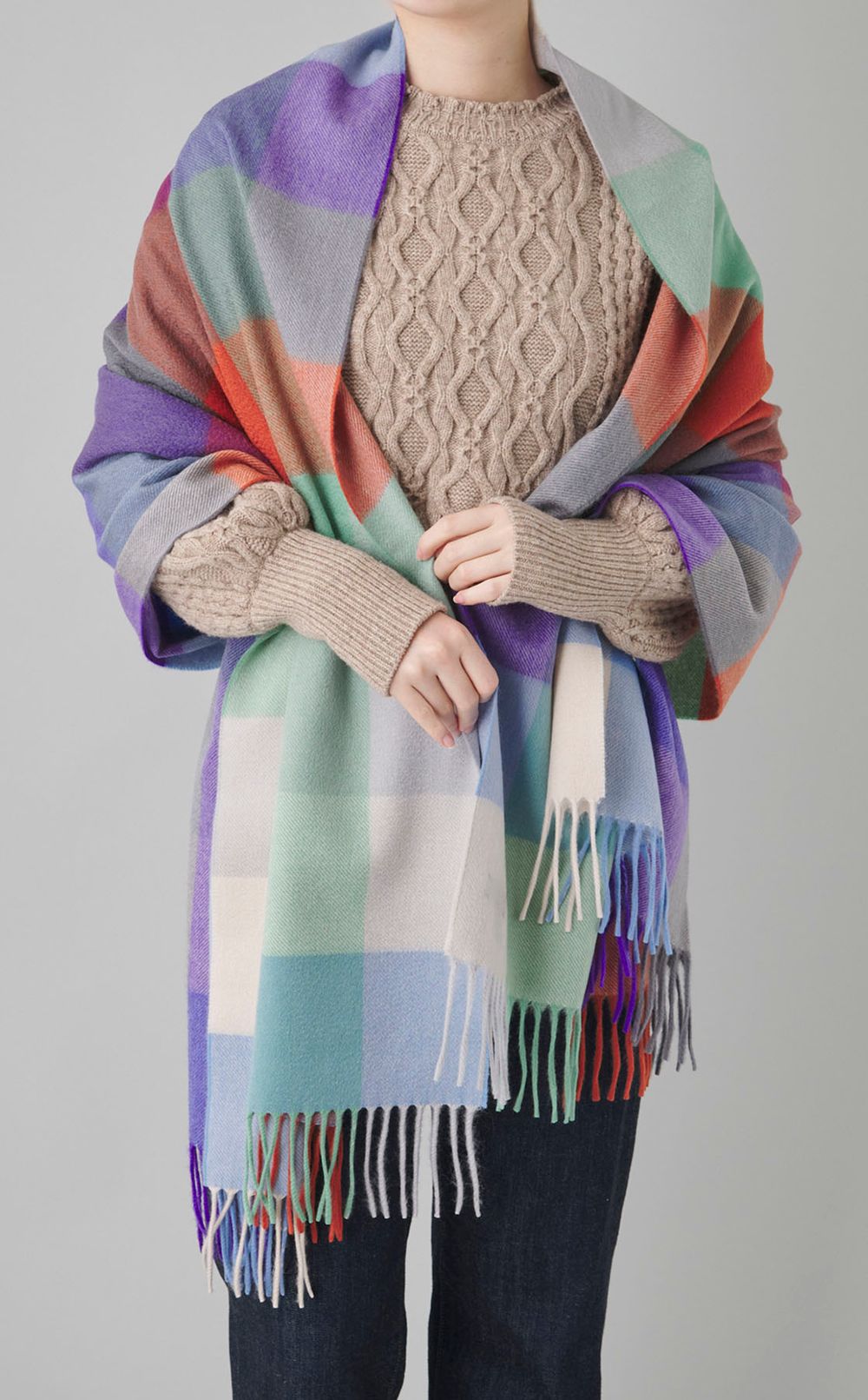 カシミヤ大判ブロックチェックストール