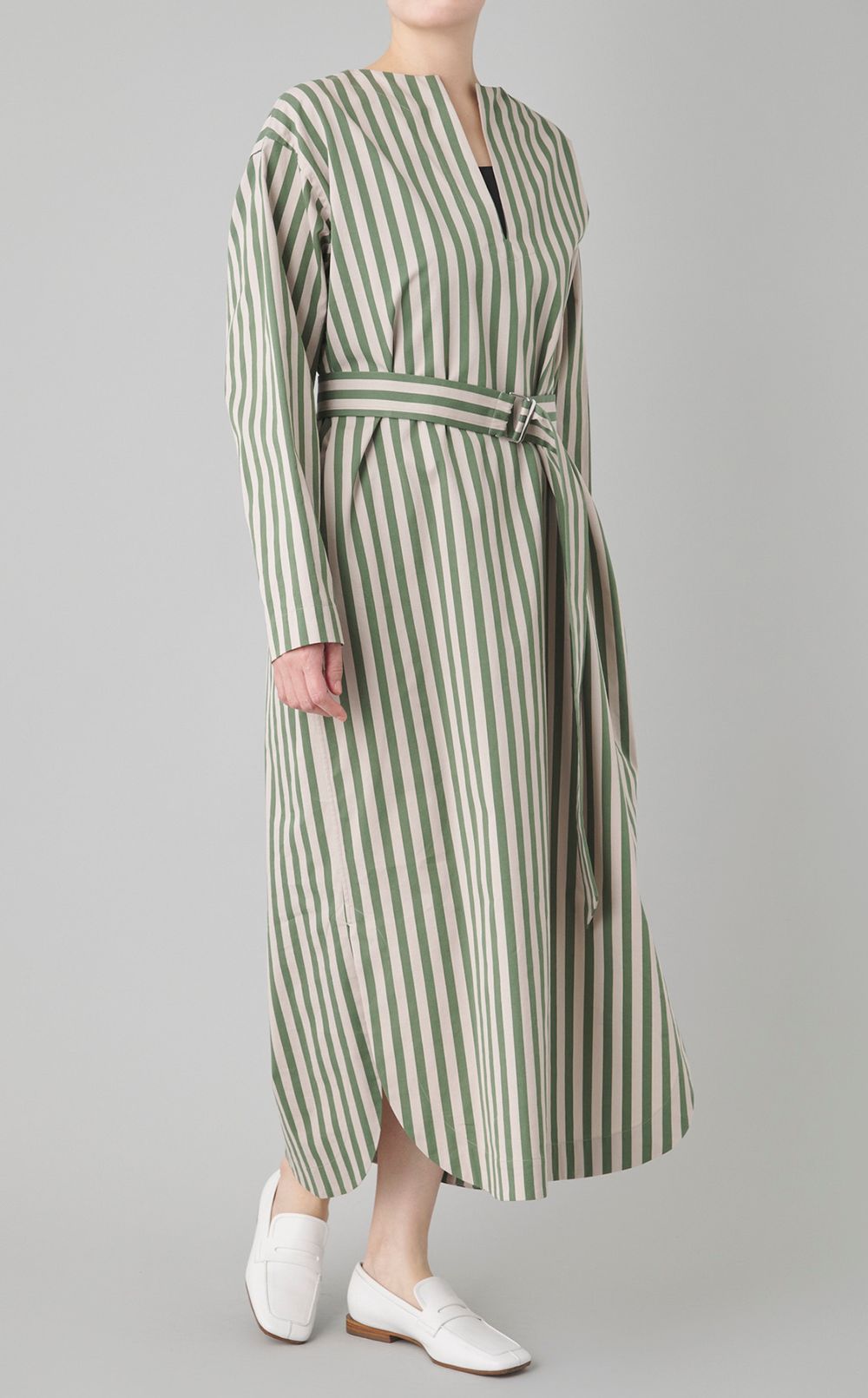 コットンストライプベルテッドワンピース