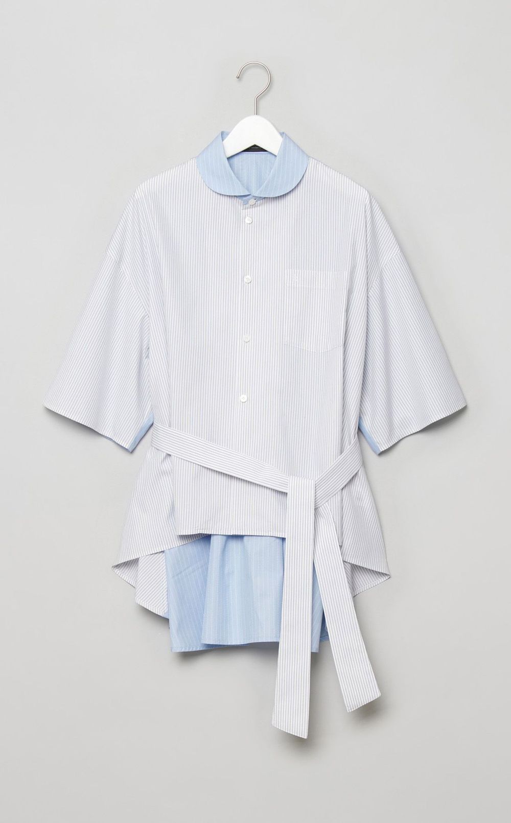 ストライプフレアベルテッドブラウス