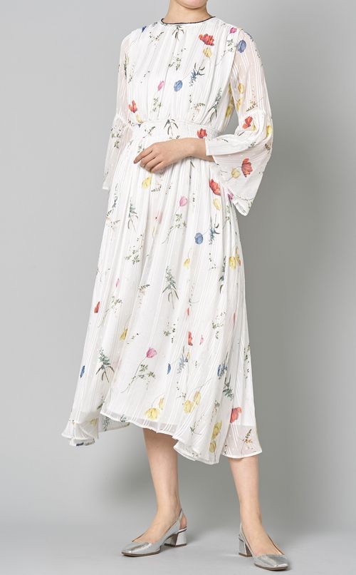 フラワープリントギャザーワンピース