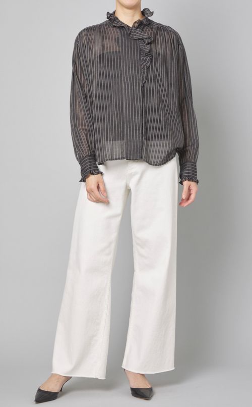 コットンストライプフリルブラウス