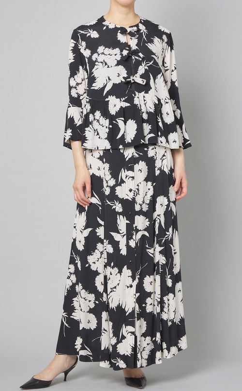 フラワープリントフロントリボンブラウス