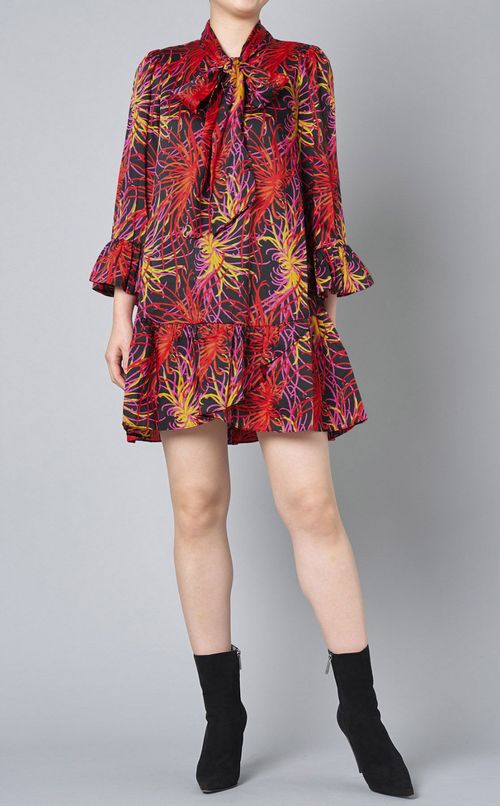 フラワープリントボウタイミニワンピース