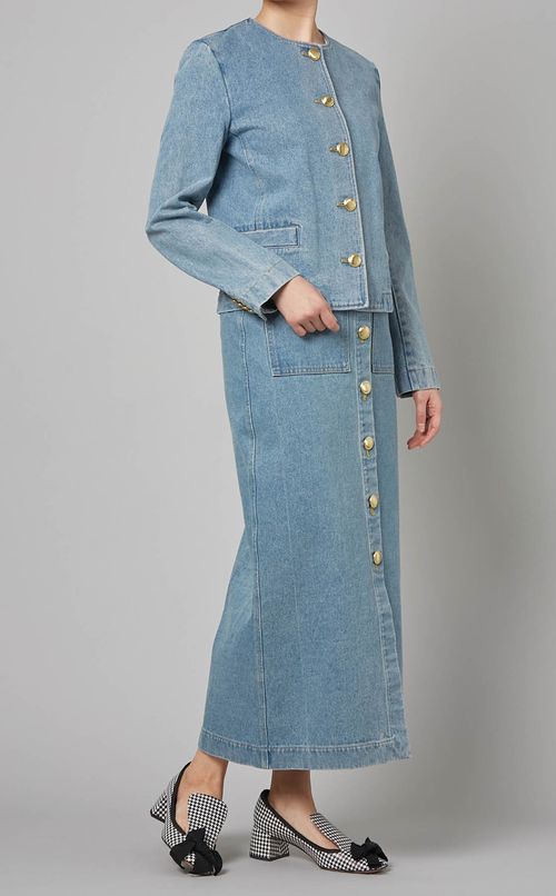 ウォッシュドデニムノーカラージャケット