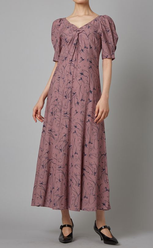 ラインフラワースリーブタックワンピース