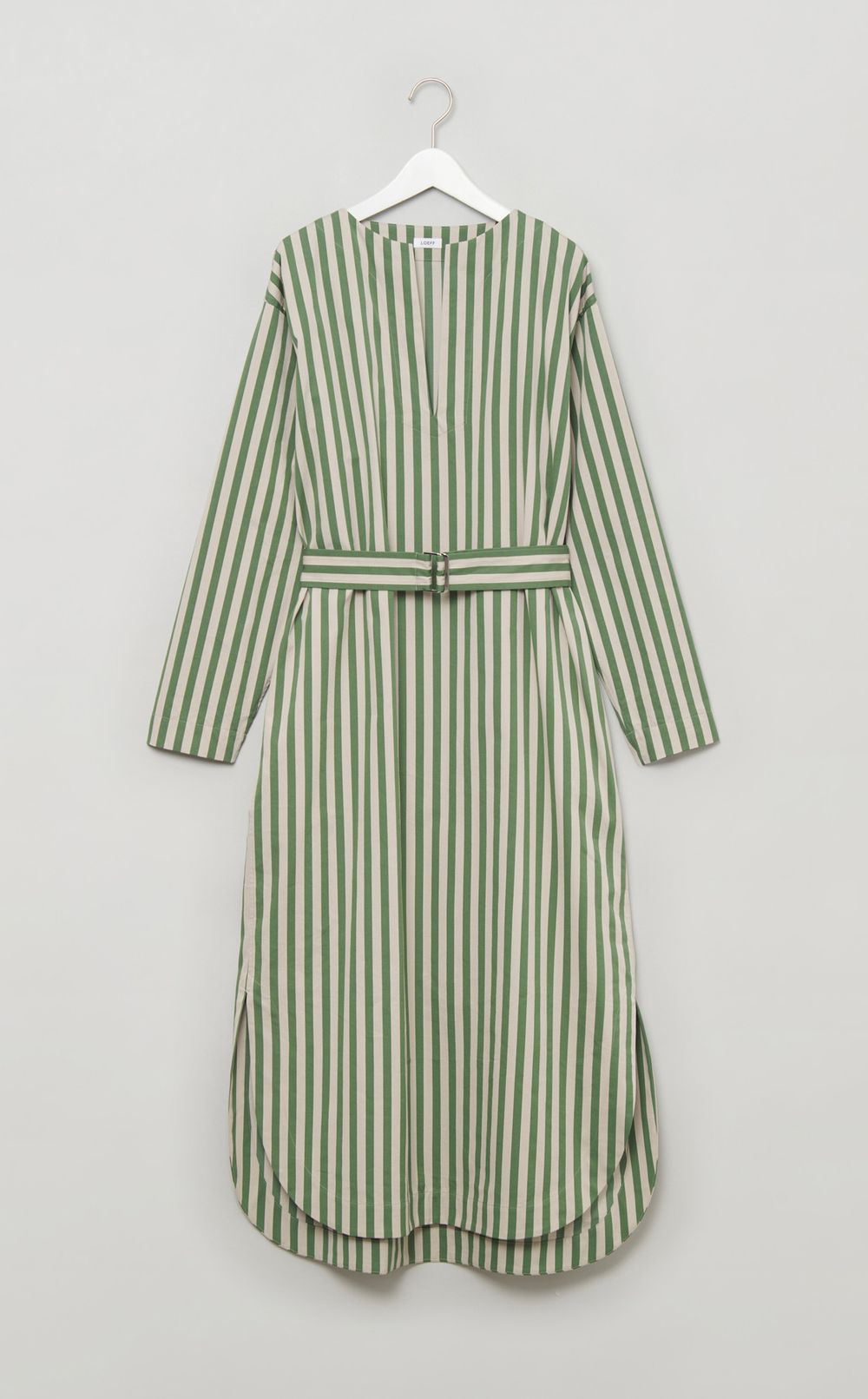 コットンストライプベルテッドワンピース