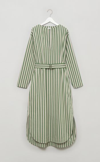 コットンストライプベルテッドワンピース