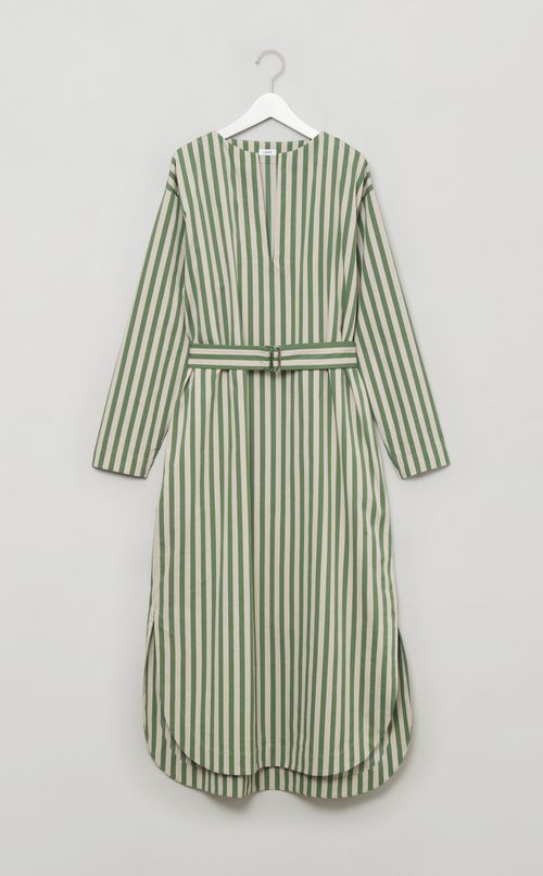 コットンストライプベルテッドワンピース