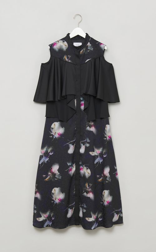 マーブルフラワープリントフレアドレス