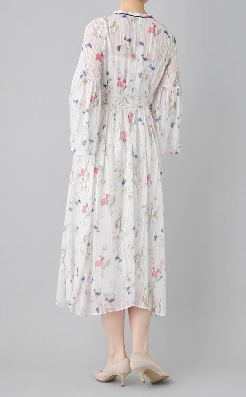 ボウタイフラワープリントワンピース