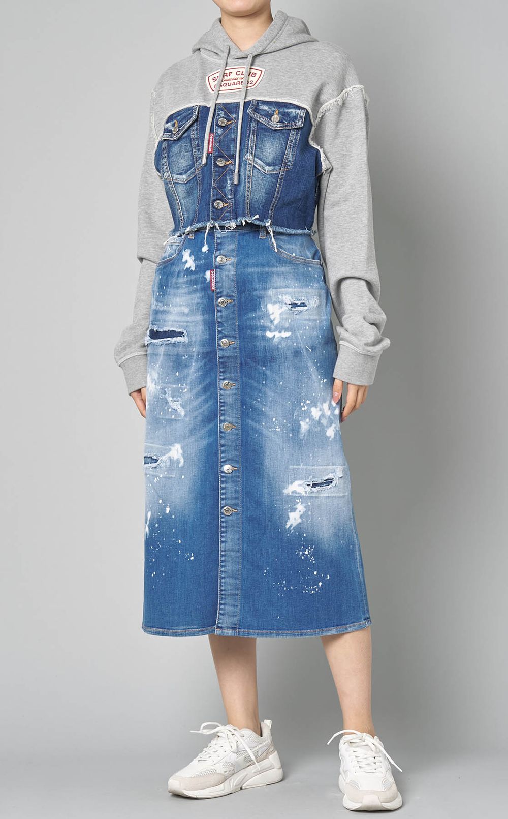 関税込 DSQUARED2 ペイントデニム フロントボタンスカート DSQUARED2|ペイントデニムフロントボタンスカート