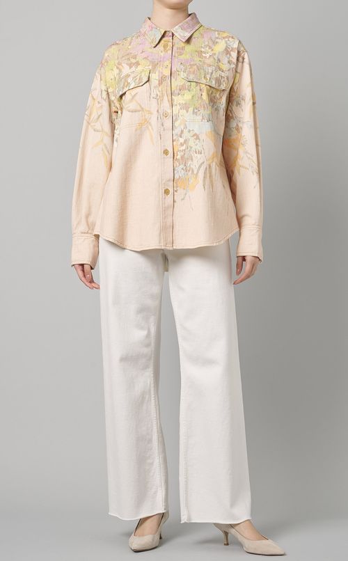 フラワーペタルプリン卜コットンシャツ