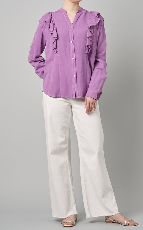 ショルダーフリルオープンネックブラウス