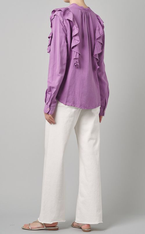 ショルダーフリルオープンネックブラウス