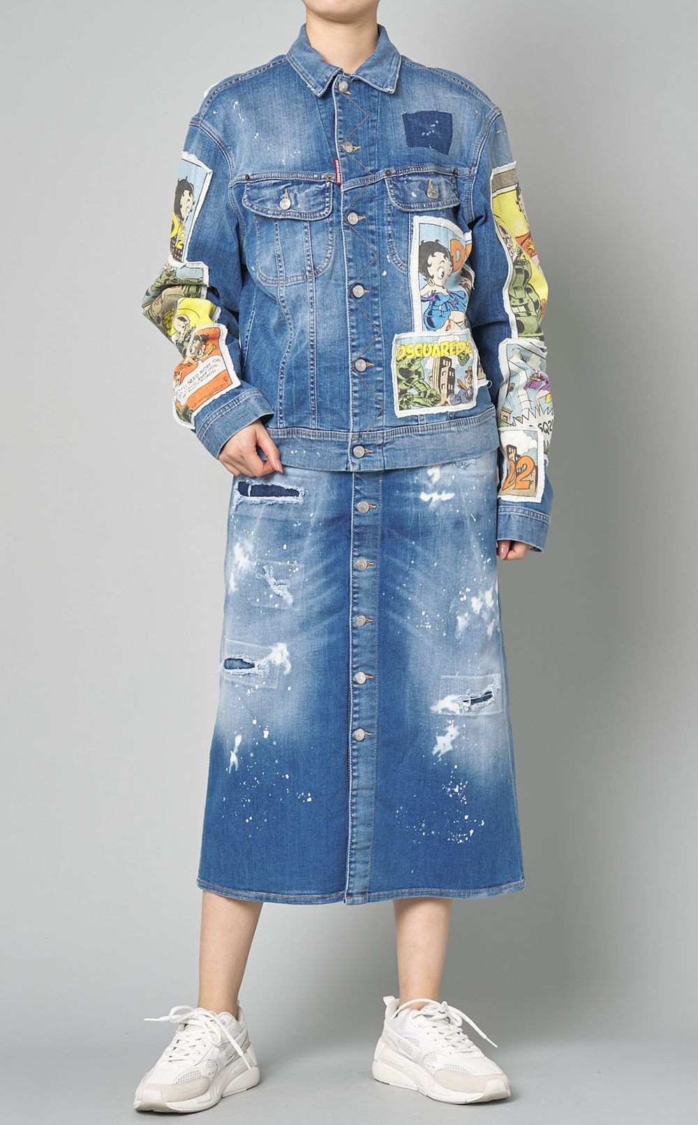 関税込 DSQUARED2 ペイントデニム フロントボタンスカート DSQUARED2|ペイントデニムフロントボタンスカート
