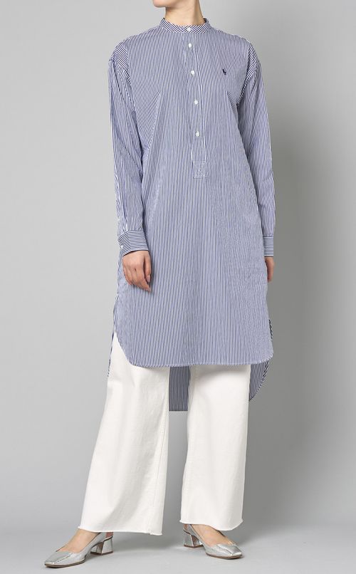 ノーカラーストライプシャツワンピース