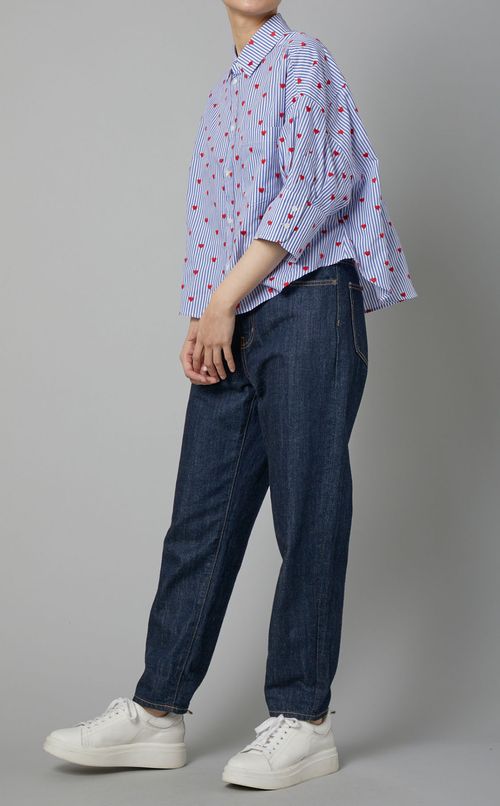 ハート刺繍ストライプコットンシャツ