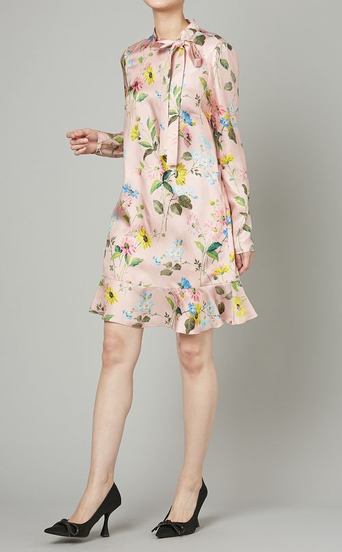 フラワープリントリボンタイミニドレス