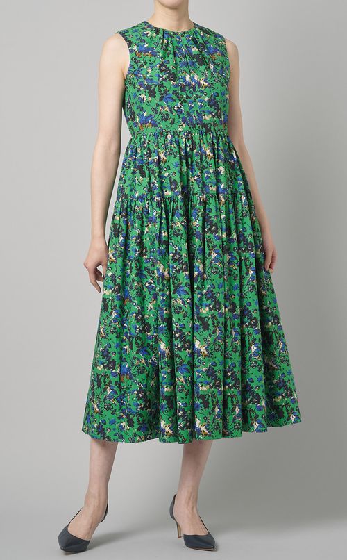 コットンフラワープリントフレアワンピース