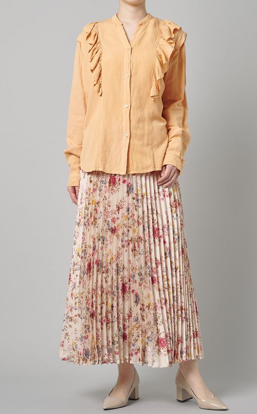 ショルダーフリルオープンネックブラウス