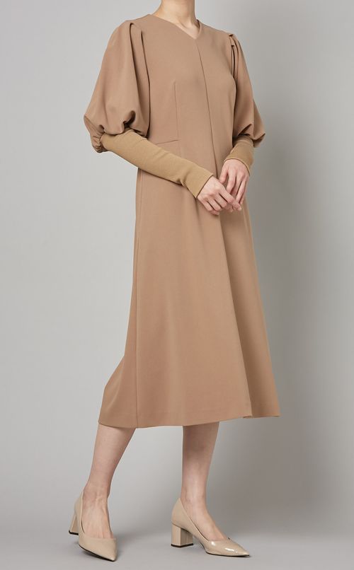 Vネックリブニットスリーブワンピース