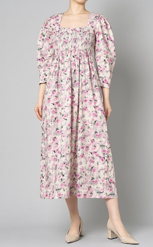 フラワープリントスモックワンピース