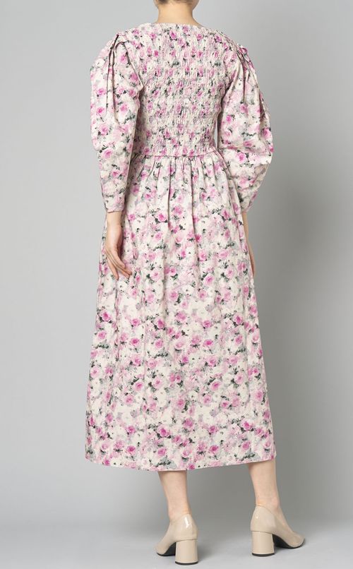 フラワープリントスモックワンピース