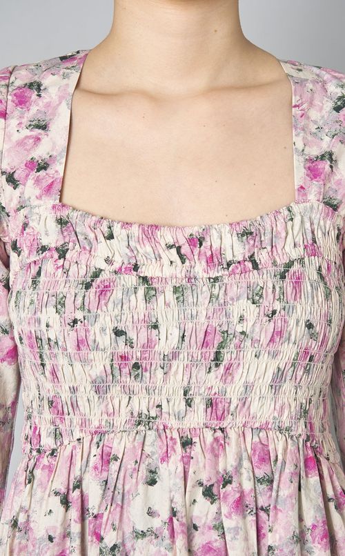 フラワープリントスモックワンピース