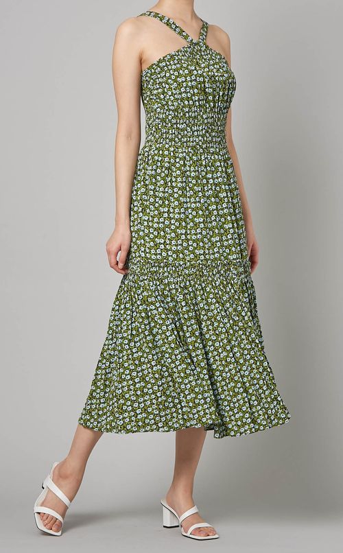 プリントギャザーフレアワンピース