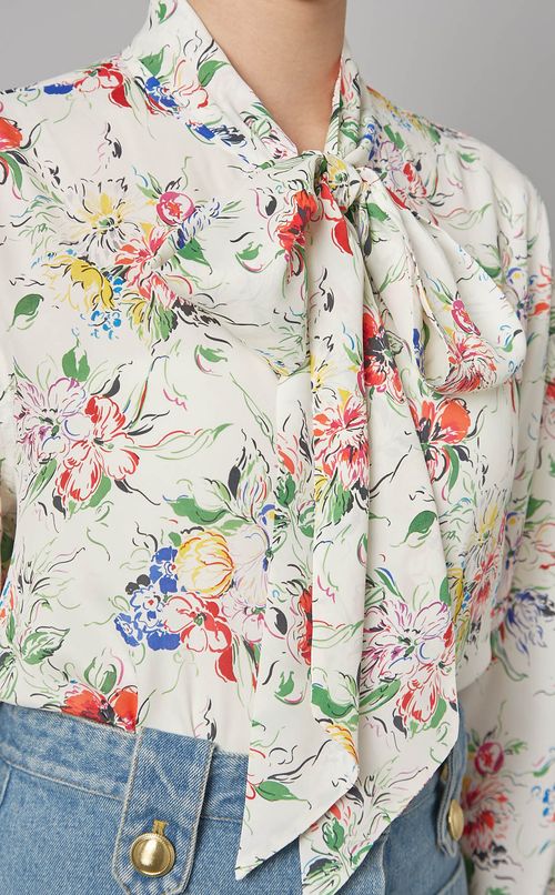 マルチフラワープリントボウタイブラウス