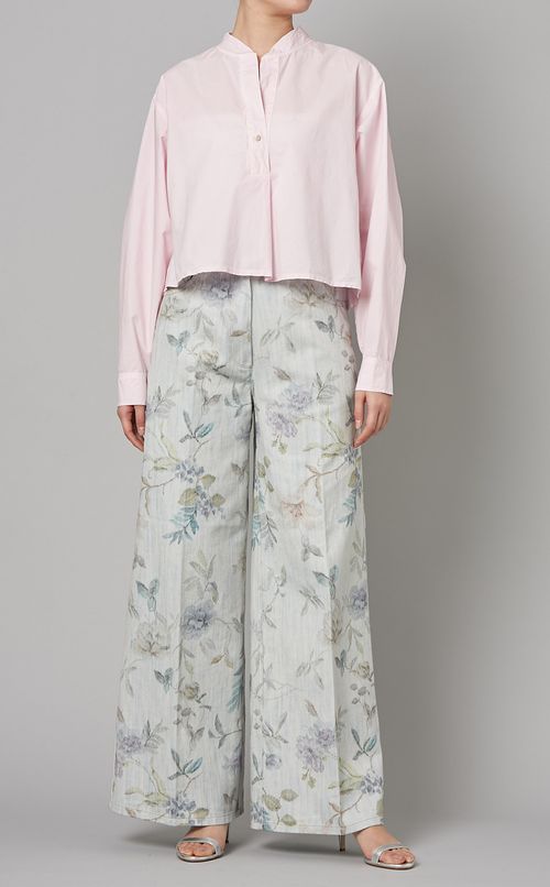 コットンスタンドカラーショート丈ブラウス