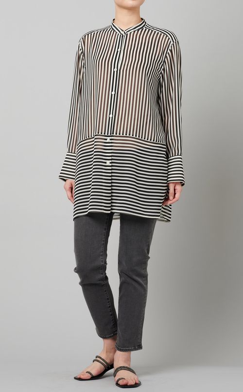 ストライプ切替ロングブラウス