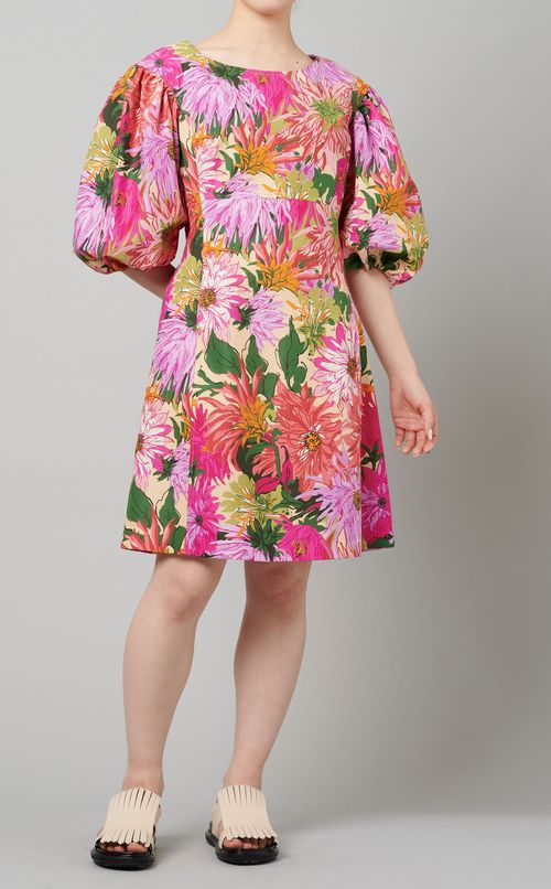 フラワープリントパフスリーブワンピース