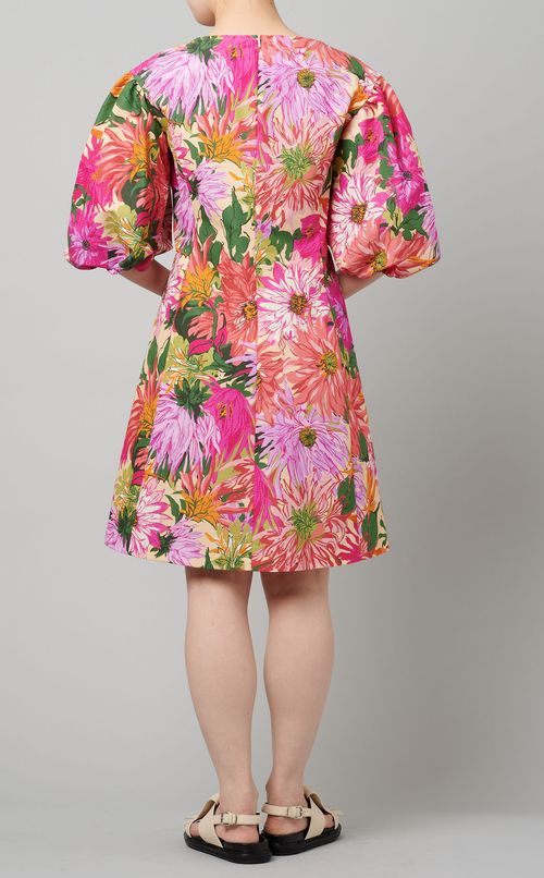 フラワープリントパフスリーブワンピース