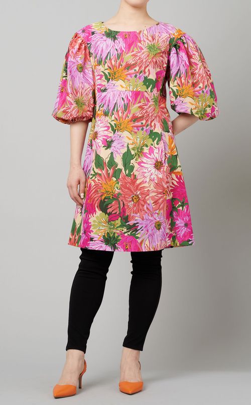 フラワープリントパフスリーブワンピース