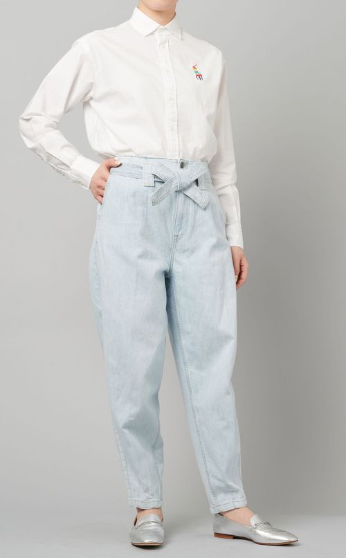 リボン付テーパードデニムパンツ