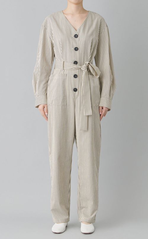 ストライプビッグボタンオールインワン