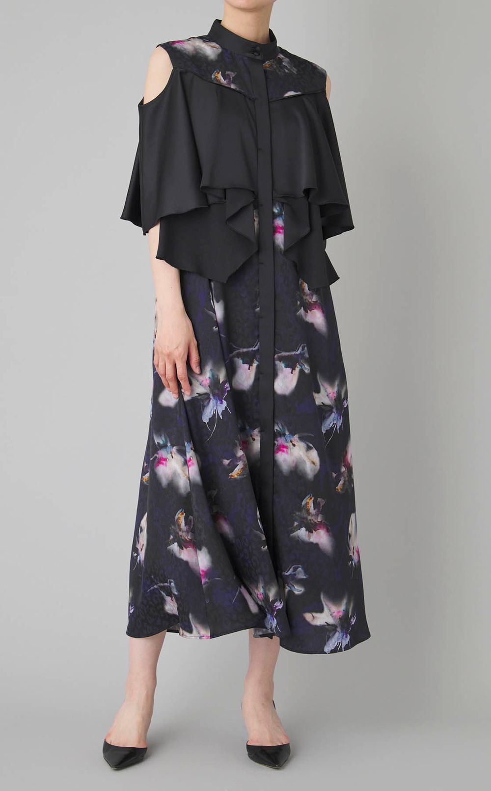 マーブルフラワープリントフレアドレス