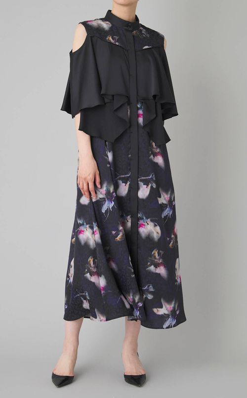 マーブルフラワープリントフレアドレス