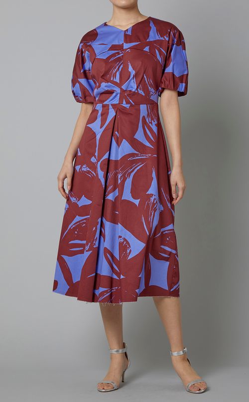 フラワープリントフロントプリーツドレス